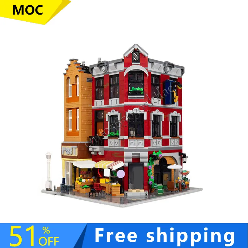 

2611 шт. MOC, роскошный угловой рынок и офис, модульная модель, архитектура, строительный блок, сделай сам, образовательная сборка, детские игрушки, подарки