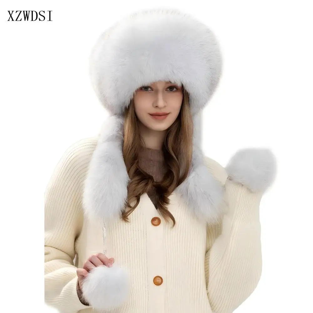 Gorgeous Real Fox Fur Earflap Hat Rex Rabbit Fur Top Mongolian Hat with Pom Poms