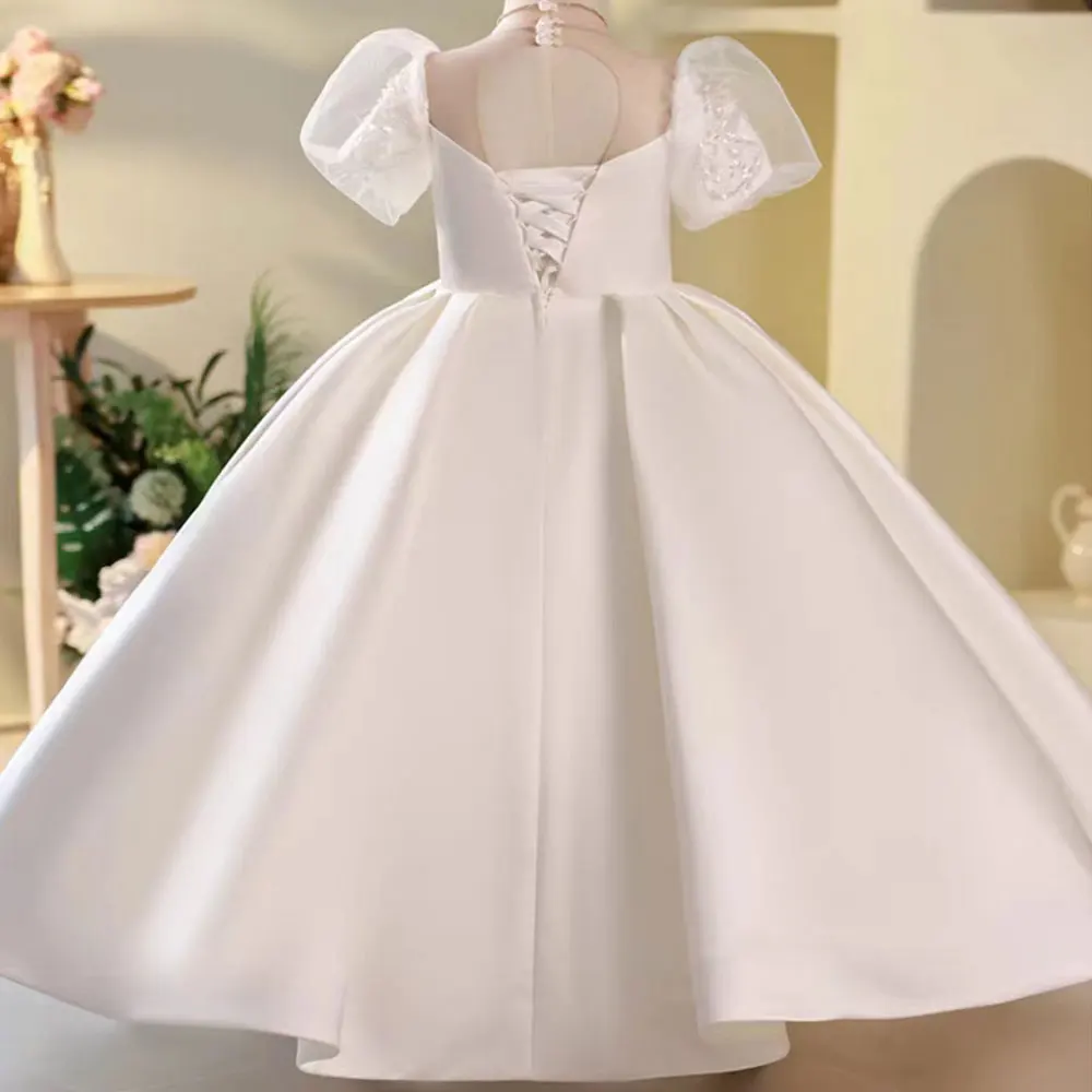 Jill Wish Elegant White Flower Girl Dress Beads Satin Arabic Princess Kids Birthday Wedding Guest Party Gown Communion 2024 J251