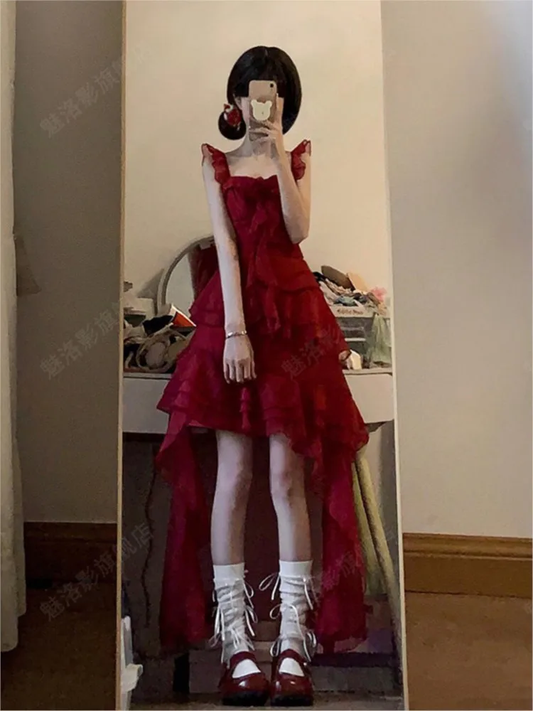 

Vacation rose red irregular tailline halter waist-cinching long dress
