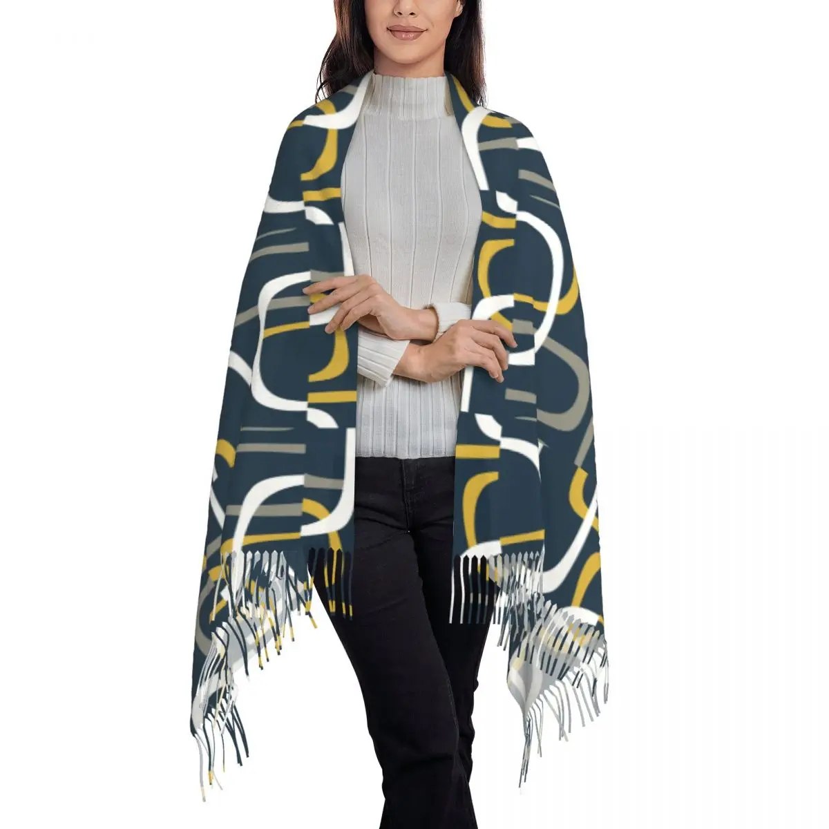 Midcentury современные ретро петли узор шарф с кисточками женские мягкие минималистичные абстрактные геометрические шали обертывания женские зимние шарфы