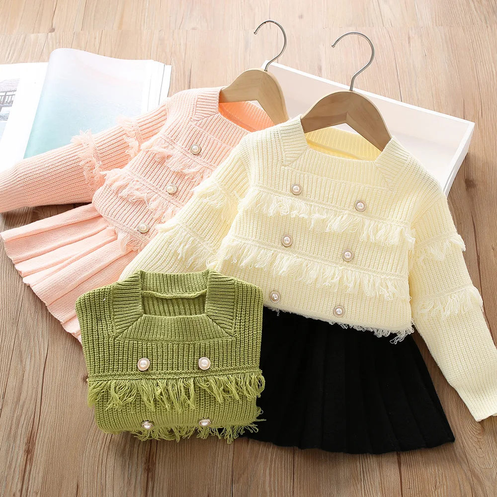 

Autumn Winter Girls Clothing Set Solid Color Tassel Decoration Knitted Top+Skirt 2Pcs Suit For 2-6Y Kids Fashion Woolen Outfit