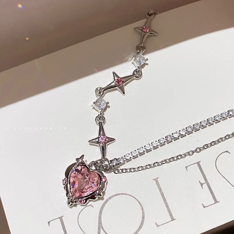 Y2K Mode Rosa Herz Anhänger Halskette Frauen Schwarz Kristall Egirl Süße Kühle Punk Schlüsselbein Kette Ästhetischen Schmuck Geschenk