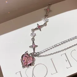 Y2K Fashion Pink Heart Pendant Necklace Women Black Crystal Egirl Sweet Cool Punk Clavicle Chain Aesthetic Jewelry Gift