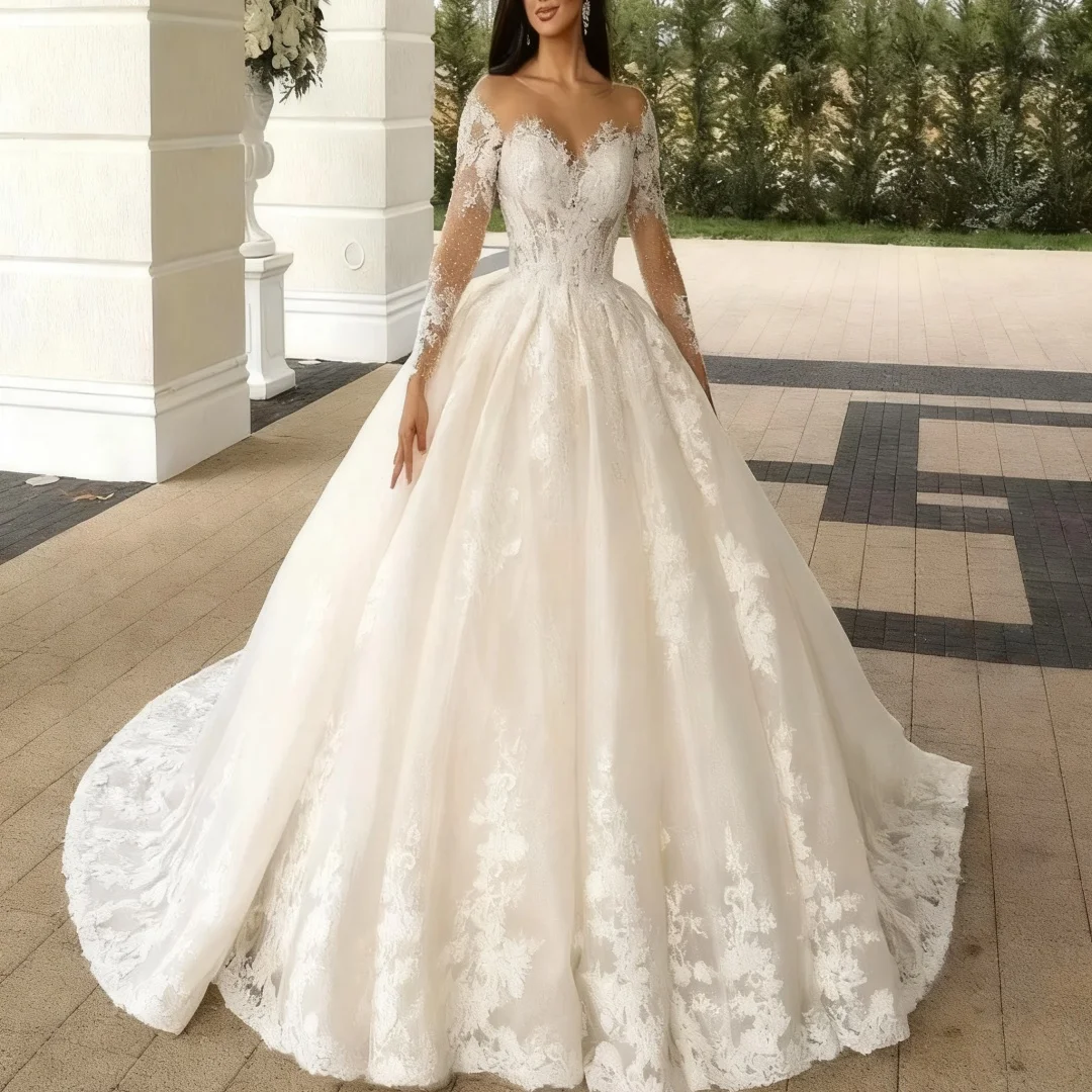 

Элегантное свадебное платье по индивидуальному заказу, халат с длинными рукавами, кружевное платье невесты с бисером, бальное платье, вечерние платья для выпускного вечера невесты