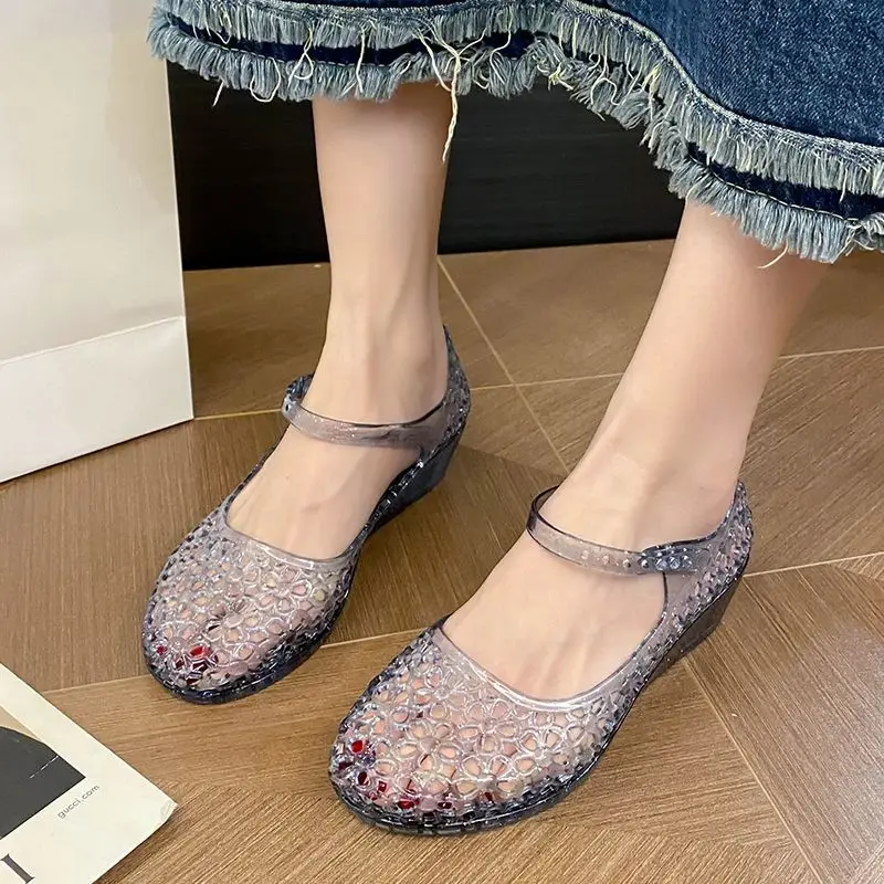 Charm Glitter Jelly Sandals Woman Sparkly Gold Princess Shoes Summer Cut-outs Lightweight Mary Janes Shoes