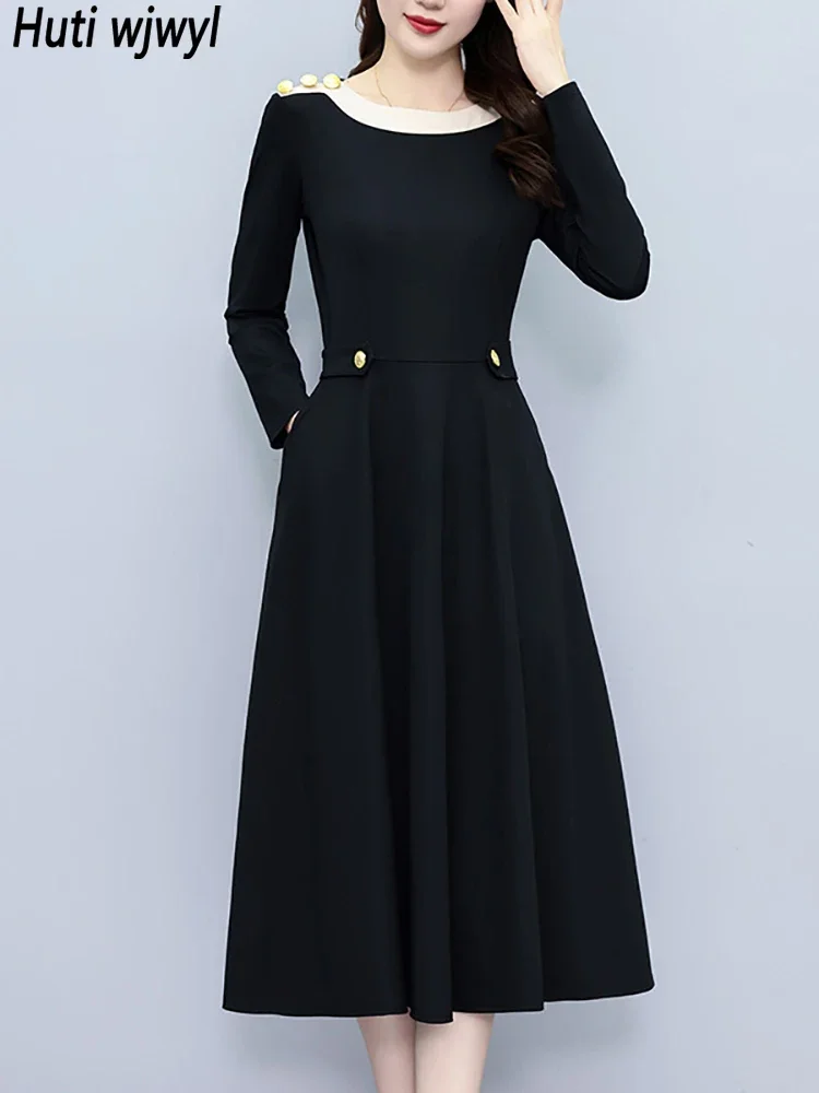 

Осенне-зимнее винтажное черное шикарное платье для выпускного вечера 2024 элегантное облегающее однотонное Длинное Платье женское роскошное корейское Повседневное платье миди