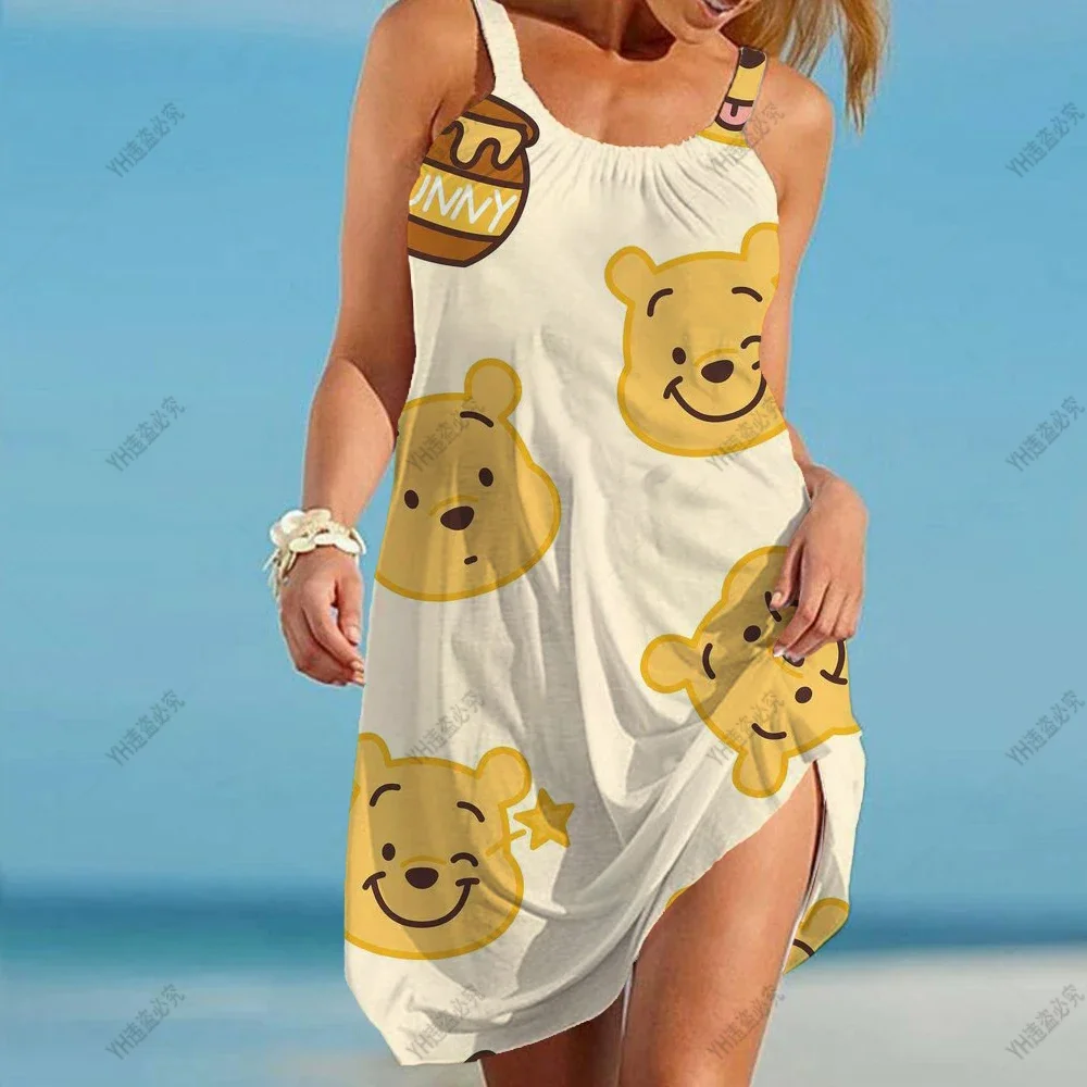 Disney Winnie the Pooh Casual Dress Women O Neck Sleeveless Bandage Beach Dress Summer Bohemian Dresses For Women Plus Size 5XL