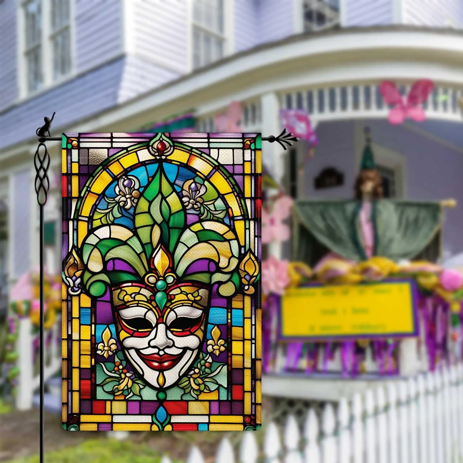 Mardi Gras Garden Flag Stained Glass Style Fleur de Lis Masquerade Mask Garden Flag Vertical Double Sided Rustic Farmland Bu ZZM