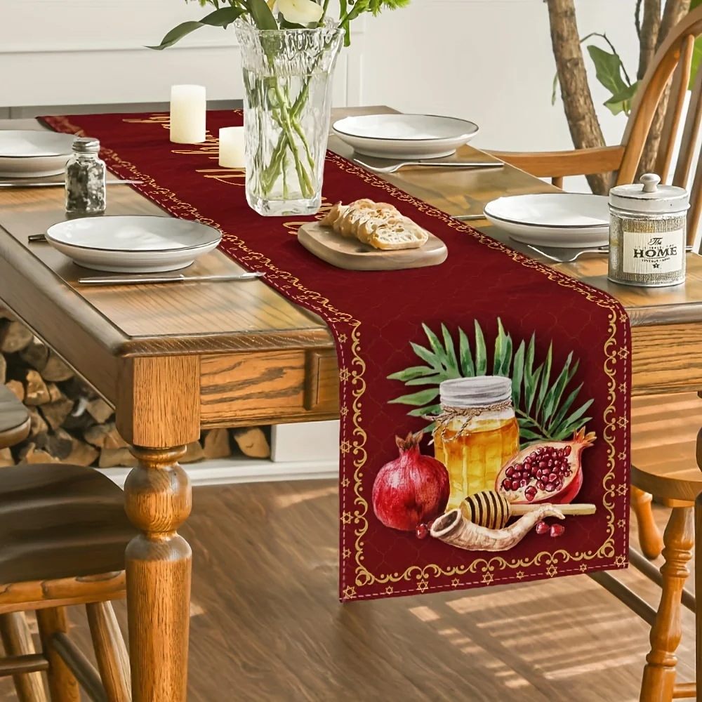 Rosh Hashanah Linen Table Runner Home Decor Shana Tova Pomegranate Honey Horns Kitchen Dining Table Runners Holiday Party Decor