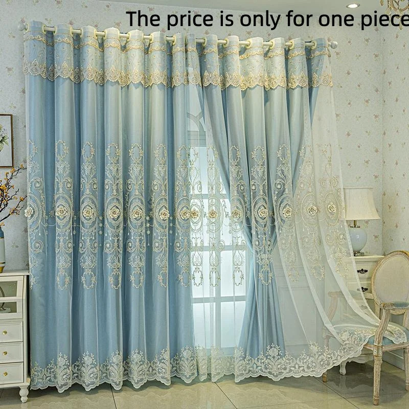 1PC Double Layer Drapes, 3D Embroidered Sunblock Curtains, Polyester, UV Resistant, Ideal for Bedroom, Living Room, Office