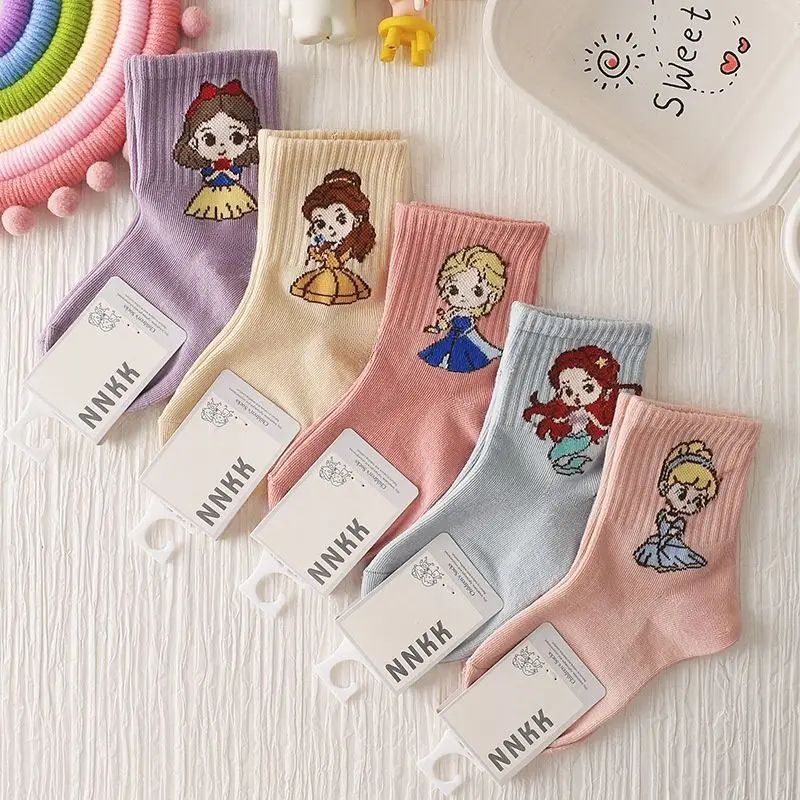 

5pcs Cartoon Princess Mid-Calf Socks Warm Autumn/Winter Outdoor Home Cotton Socks Breathable, Moisture-Wicking Christmas Gift