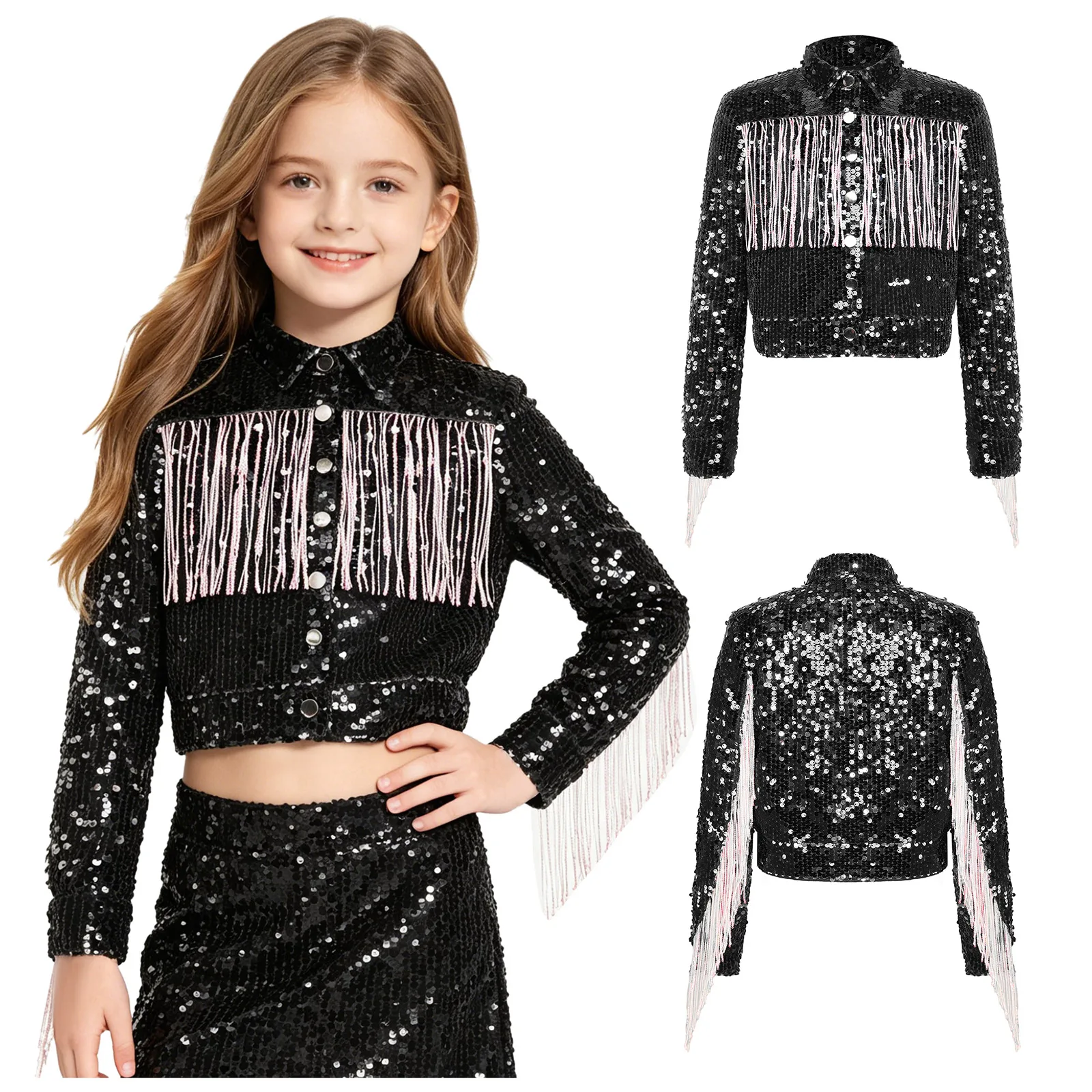 

Kids Girls Sequin Fringed Blazer Crop Jacket Lapel Long Sleeve Tassel Pressing Button Sparkly Outerwear for Jazz Dance Party