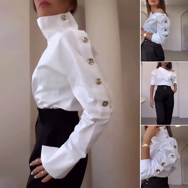 One Shoulder Temperament Fitted Shirt High Collar Metal Button Off The Shoulder Women's Shirt Fashionable Top Irregular Shirt
