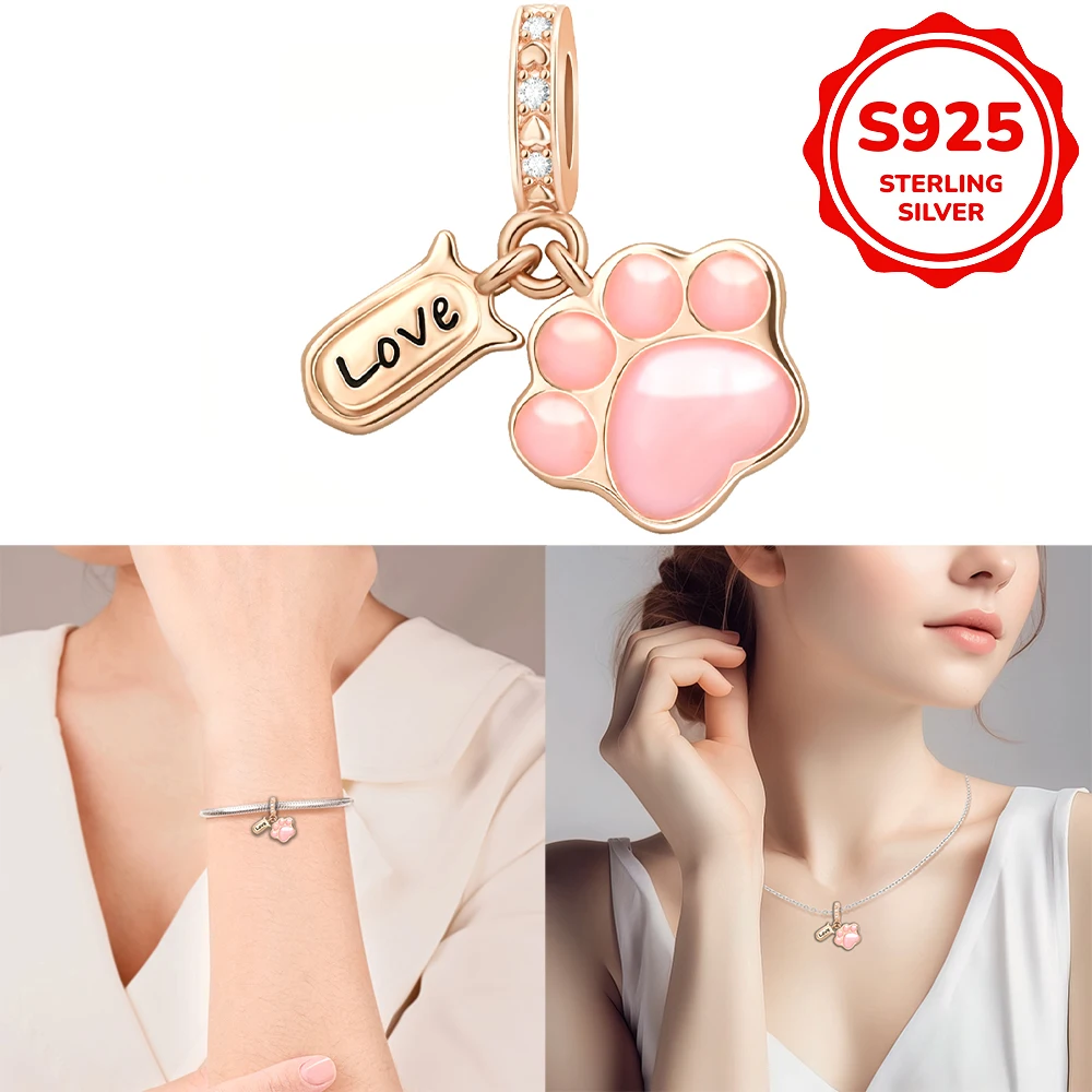 925 sterling silver pendant with paw print beads, compatible with original bracelet, men's and women's DIY jewelry gift
