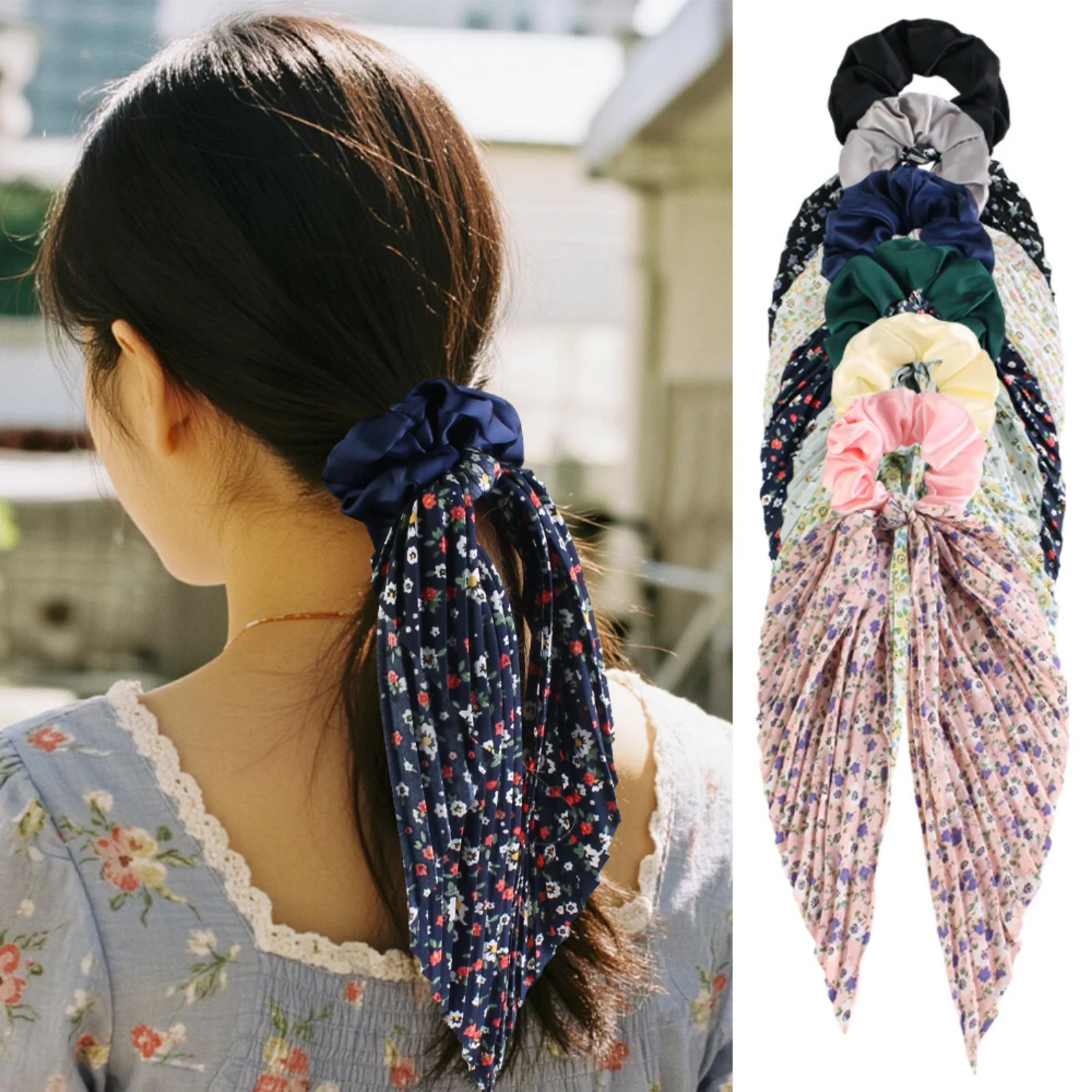 Juego de coleteros para el pelo con bufanda floral, lazos para el pelo con cinta vintage, accesorios elegantes para el cabello para mujer, 1 ud.