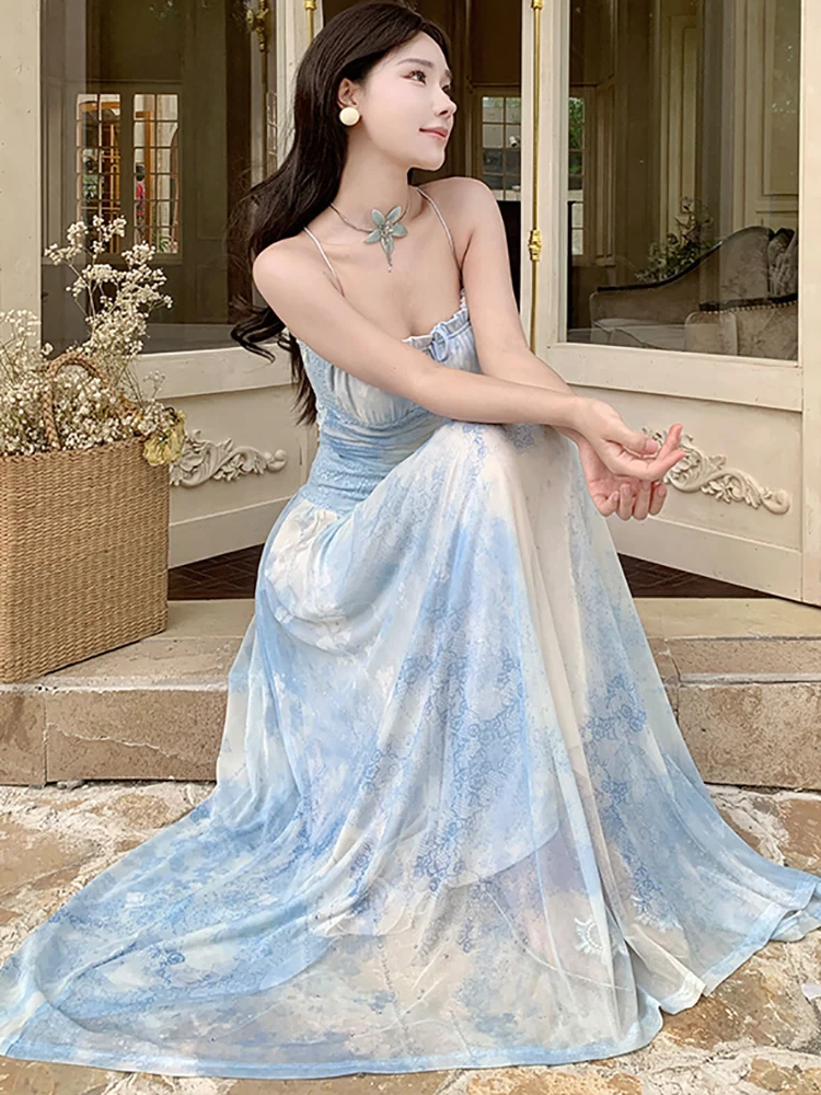 2025 Blue Print Chic Bow Ruffled Sling Sexy Long Dress Women Elegant Casual Beach Style Dress Summer Korean Bodycon Party Dress