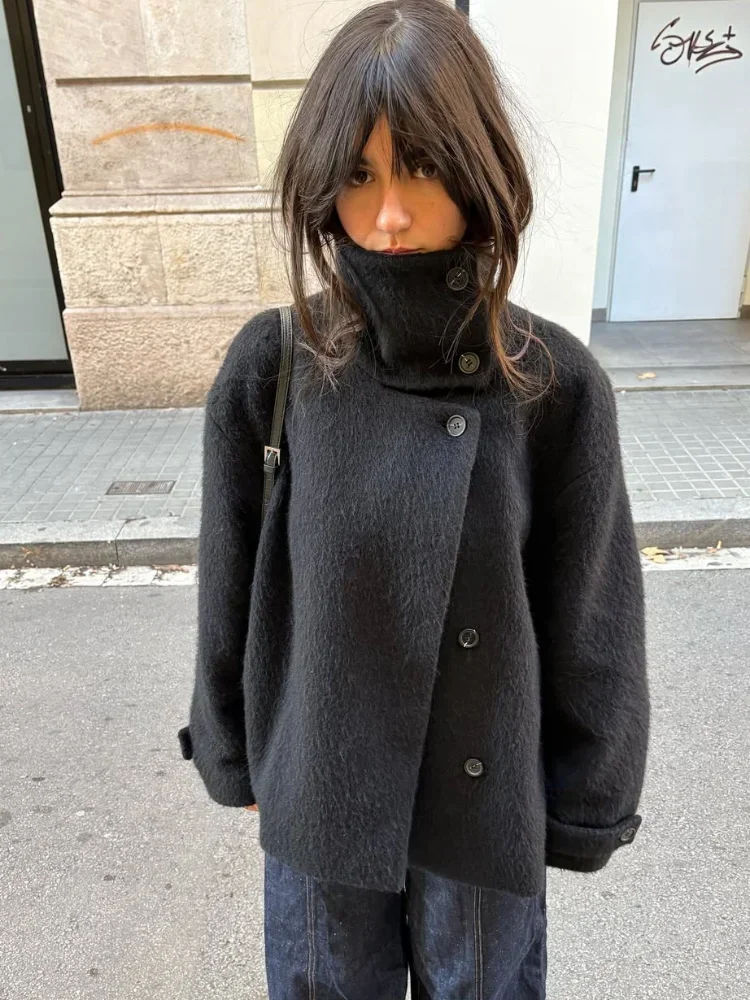 

Cashmere Wool Stand Collar Jacket Women Single Breasted Long Sleeve Office Coat 2025 Autumn Winter Female Street Outerwear