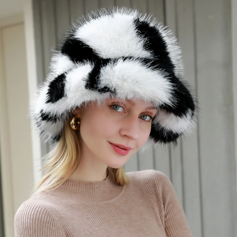 New Fluffy Zebra Stripes Bucket Hat Women Faux Fur Warm Thick Plush Winter Hat Lady Luxury Fashion Party Panama Fisherman Cap