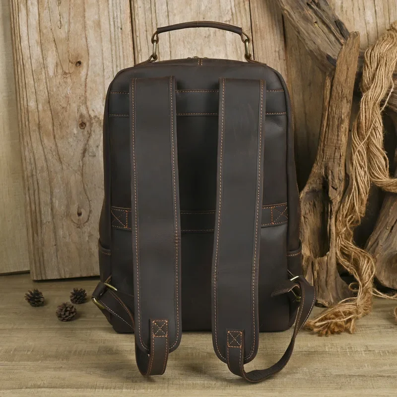 Crazy Horse Leather Backpack Men Casual Travel Bag School Bag