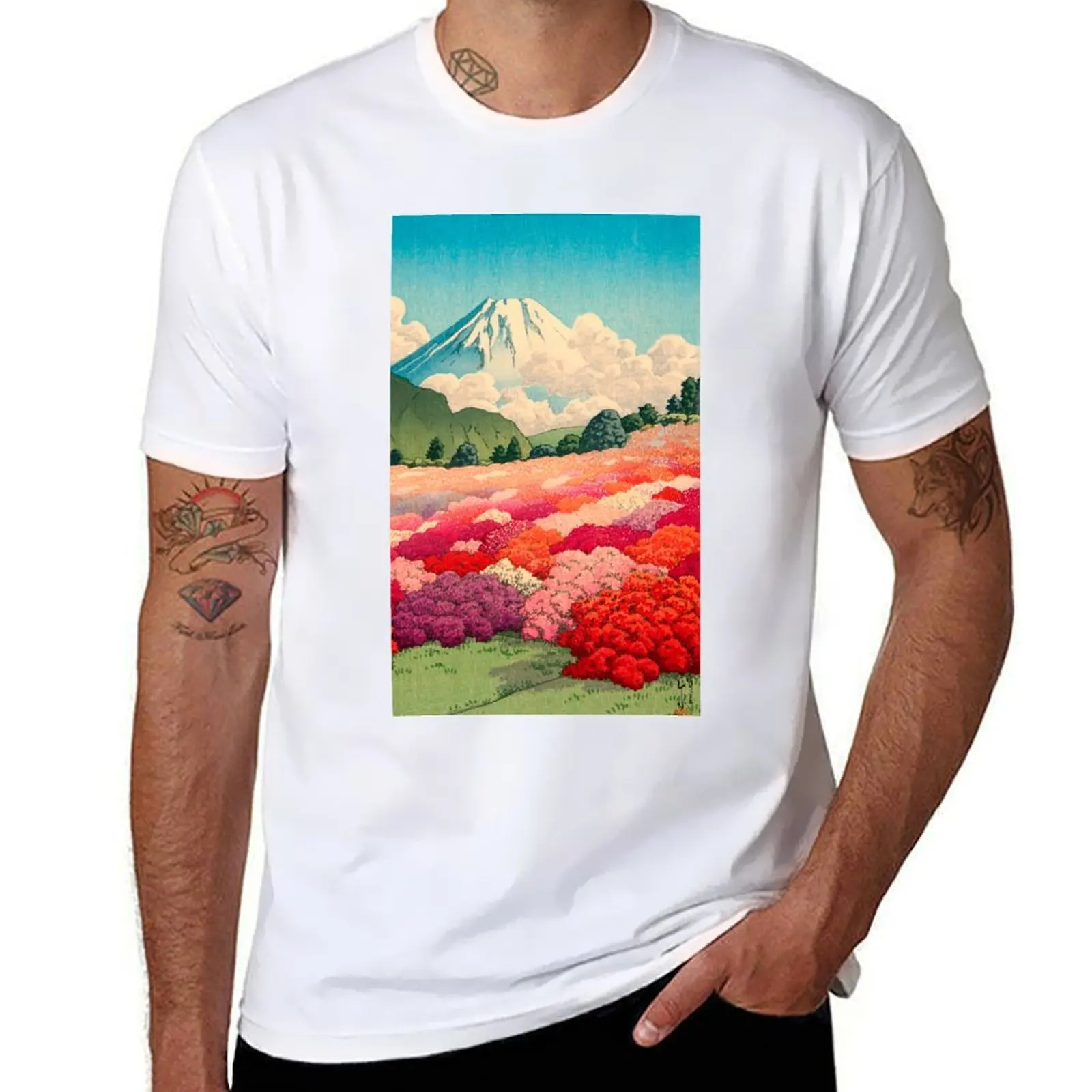 

View of an Azalea Garden and Mt Fuji, by Kawase Hasui T-Shirt man tshirt t shirts for man pack white T-Shirt