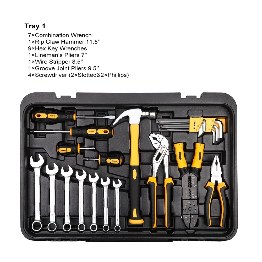 DEKO edc 258pcs tool set with three-layer rolling  tool box  hand tool kit storage box  glue gun socket wrench screwdriver