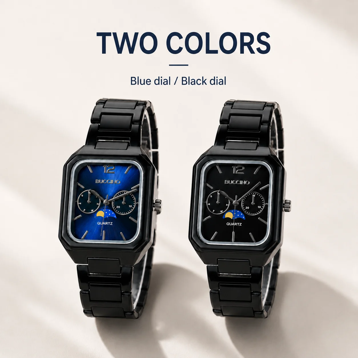 Square quartz watch with black metal link bracelet, analog watch with blue/black dial, stylish design suitable for casual and bu
