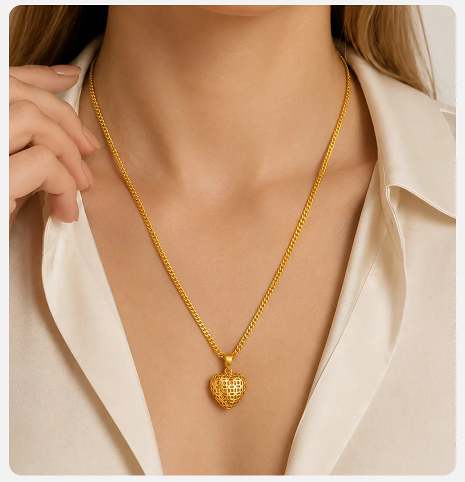 Vnox Minimalistischer Ausgehöhlter Herz-Creolen-Anhänger Halskette Klassischer Vergoldeter Brautschmuck für Hochzeiten – Detail 9