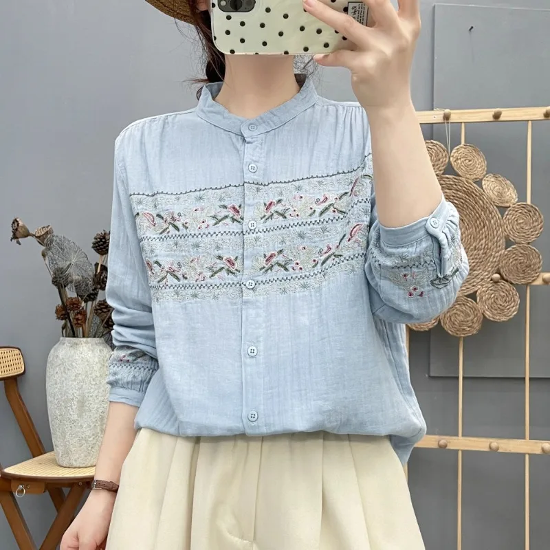 Literary Retro Ethnic Style Embroidered Stand Collar Long-sleeved Shirt 2025 Autumn New Loose Top