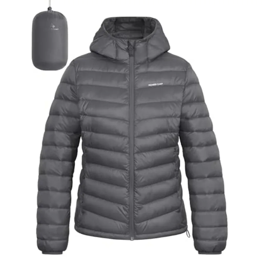 

Winter women's packable puffer jacket: lightweight, water-repellent nylon, black, hooded quilted coat for outdoor camping
