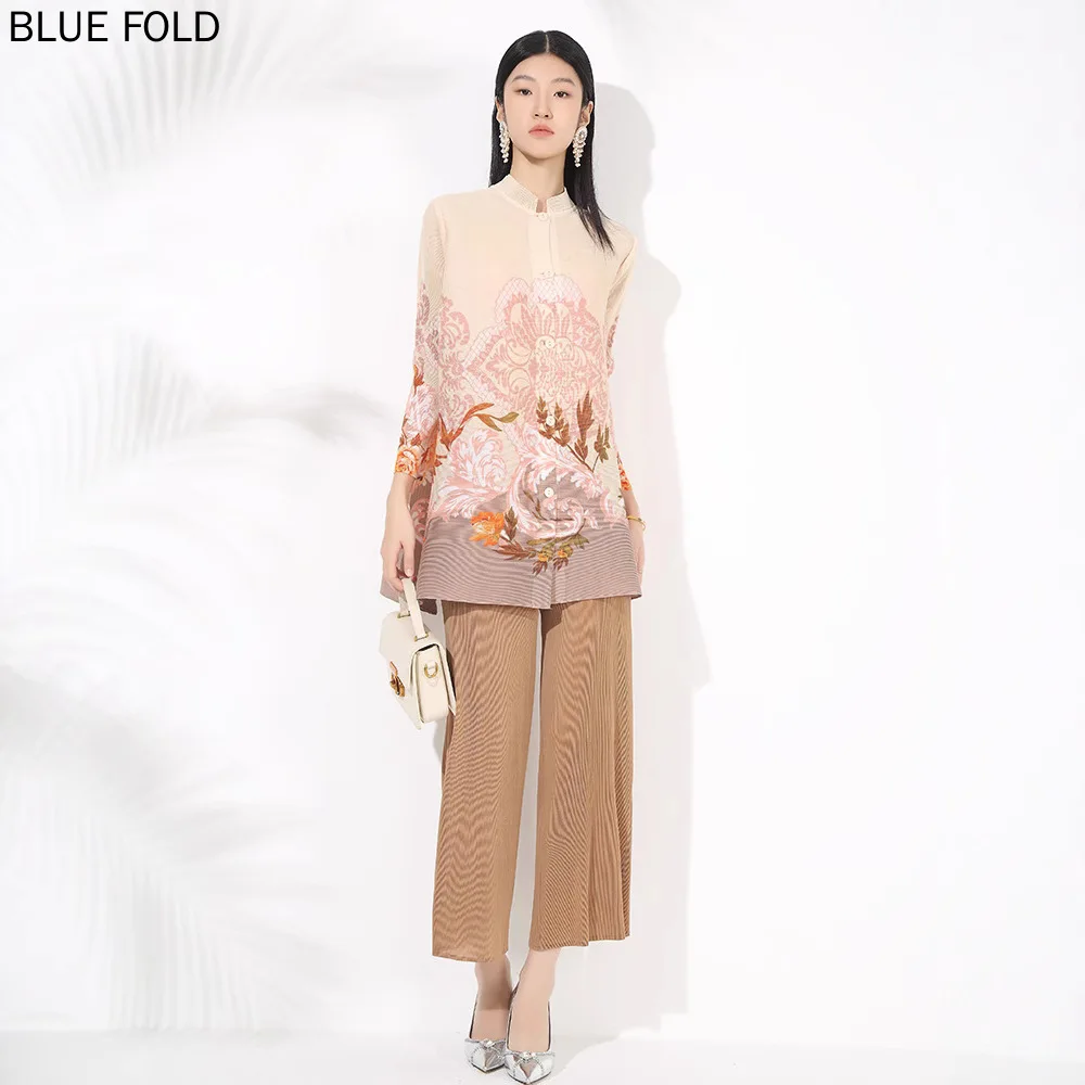 MIYAKE Women's PLEATS Print Casual Suit 2025 Spring New Fashion Stand Collar Midi Top Wide-Leg Pants Two-Piece Set Women Clothes