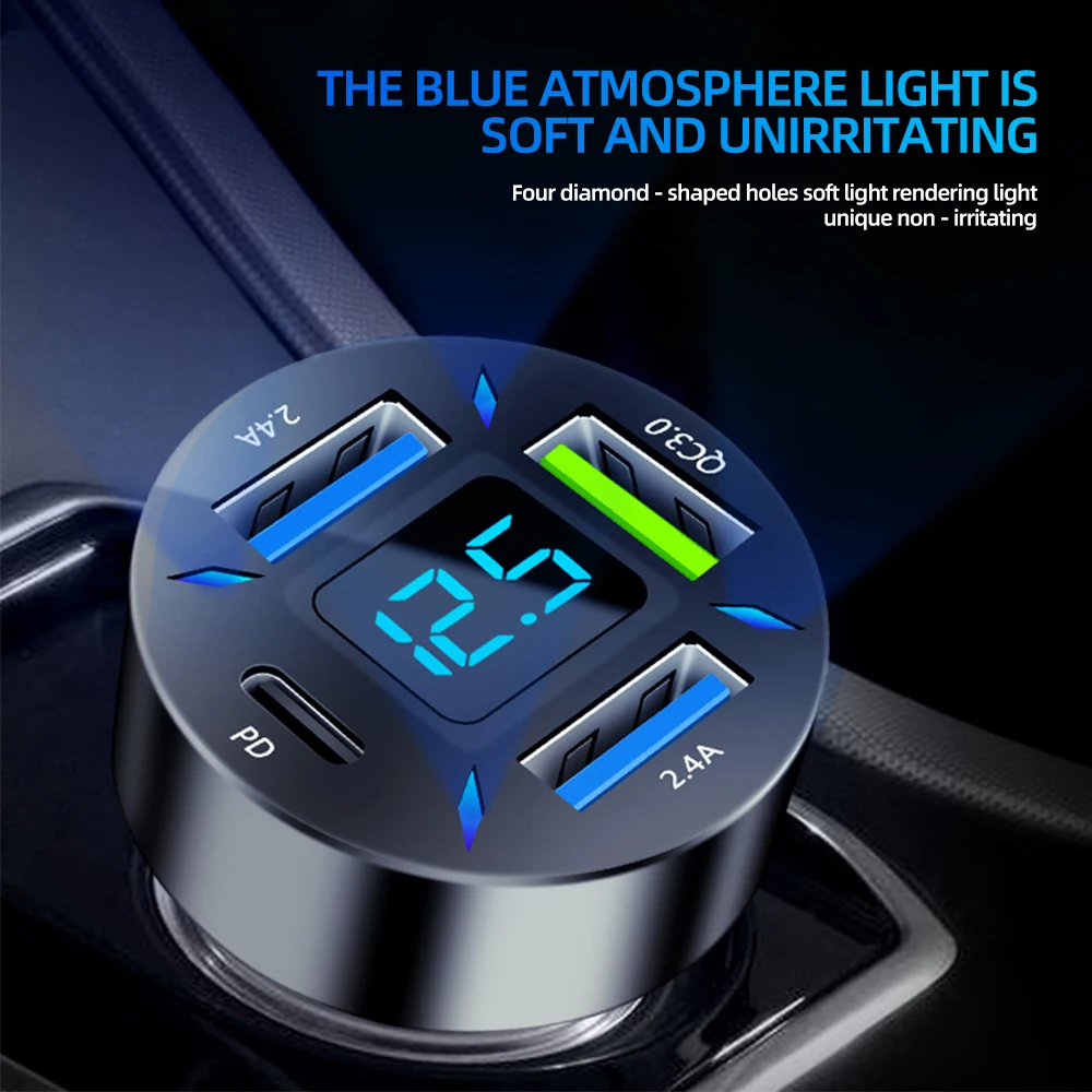 Автомобильное зарядное устройство 66 Вт 4 в 1, быстрая зарядка PD QC3.0 с вольтметром, розеткой прикуривателя, адаптер питания для iPhone11 12 Samsung Xiaomi