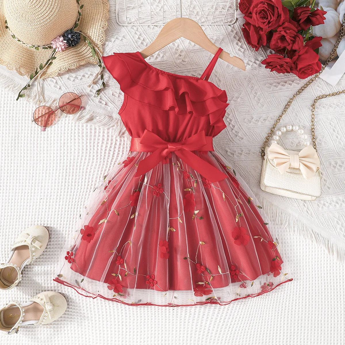 Elegant Fashion Summer Kid Outfit Ruffled Slant Shoulder Bow Children Camisole Dress Girl Dress Baby Casual Comfortable Skirt