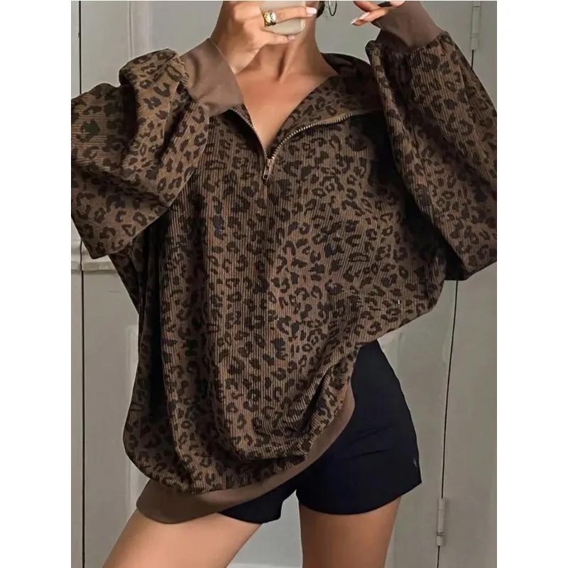 Plus Size 1XL-5XL Women's Trend Leopard Sweatshirts Women's New Long Sleeve Street Casual Loose Tops