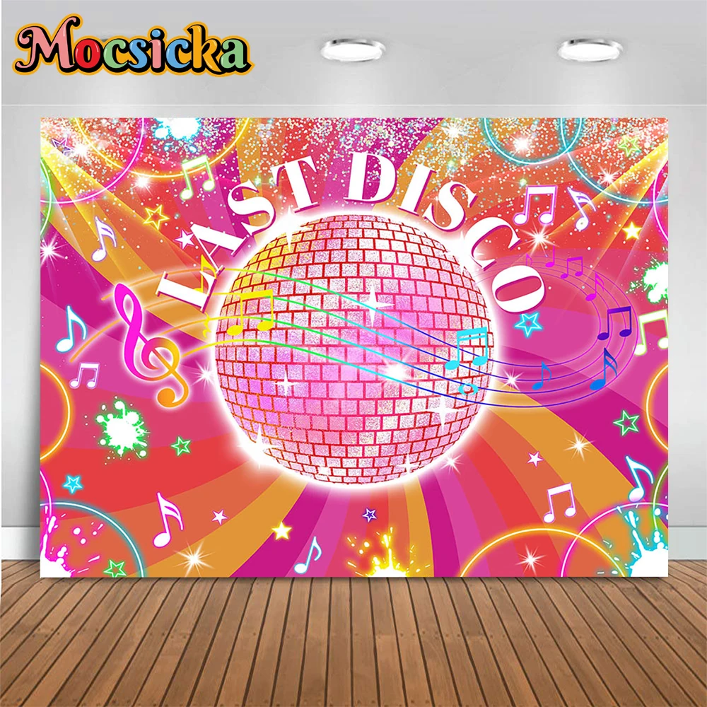 

Last Disco Retro One Birthday Music Party Decoration Backdrop Discoball Rainbow Neon Glowing Background Girl Children Photocall