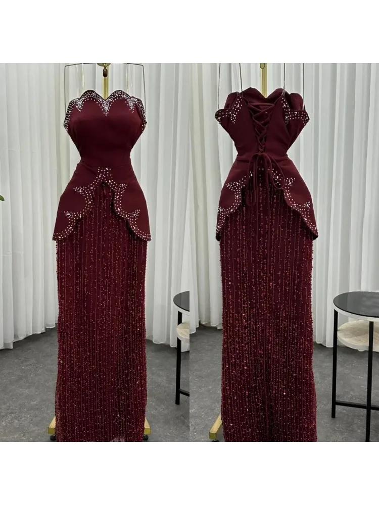 Aangepaste Jersey Sparkle Strass Strapless Lace-up Lange Jurken Op maat gemaakte Gelegenheid Dames Luxe Avond Elegant Feest Bruiloft - afbeelding 2