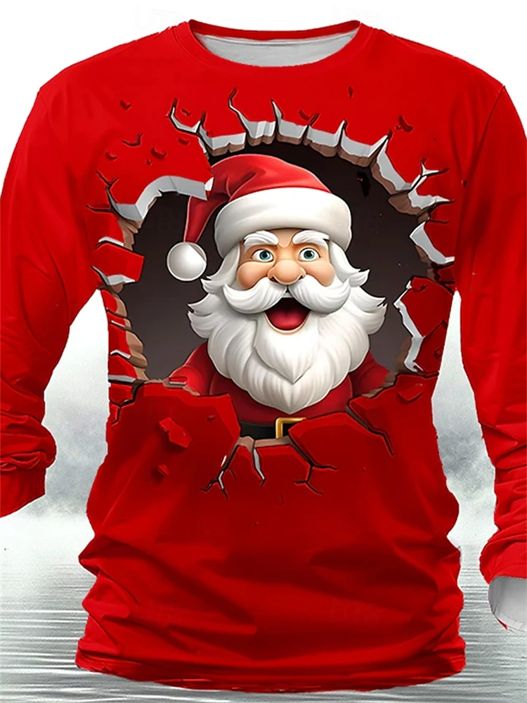 New Fun Christmas Long Sleeve T-Shirt Santa Claus Pattern Sweatshirt Men Role Play Pullover Boys Round Neck Polyester Sweatshirt