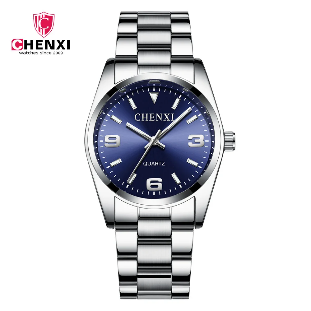 CHENXI 003A Couple Watch Fashion Business Luminous Waterproof Pointer Silvery Steel Wrist Watches for Men and Women Clock Gift