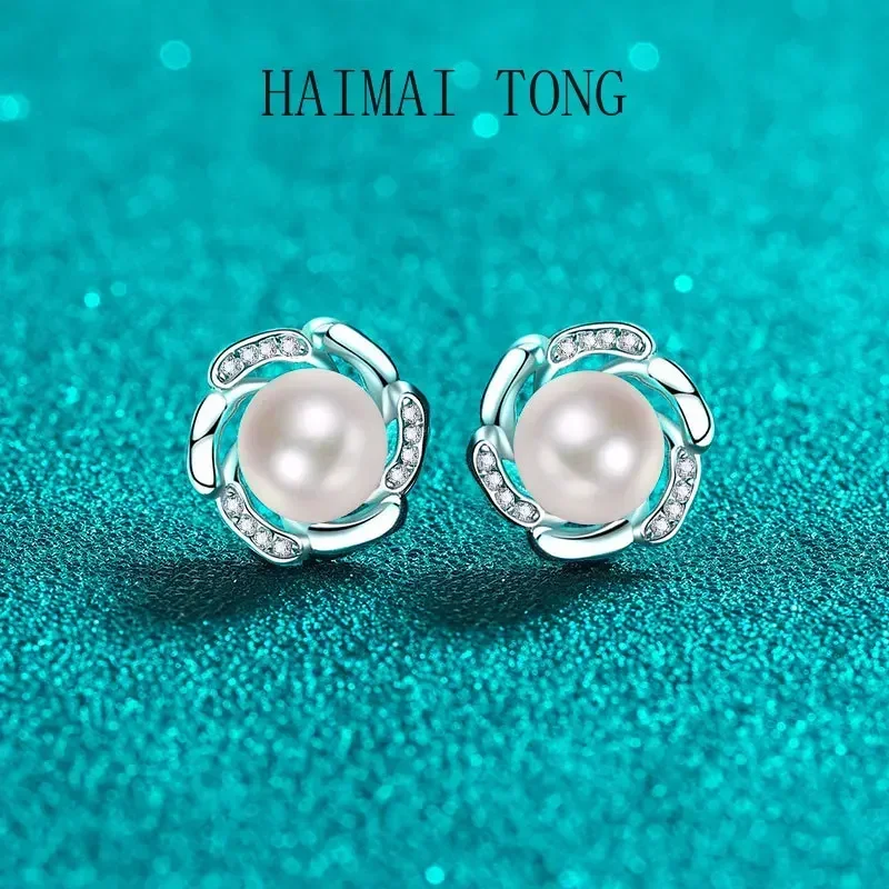 

HAIMAITONG moissaniteDiamond Pt950 Platinum Pearl Stud Earrings Blossom Earrings Simple Elegant High-end