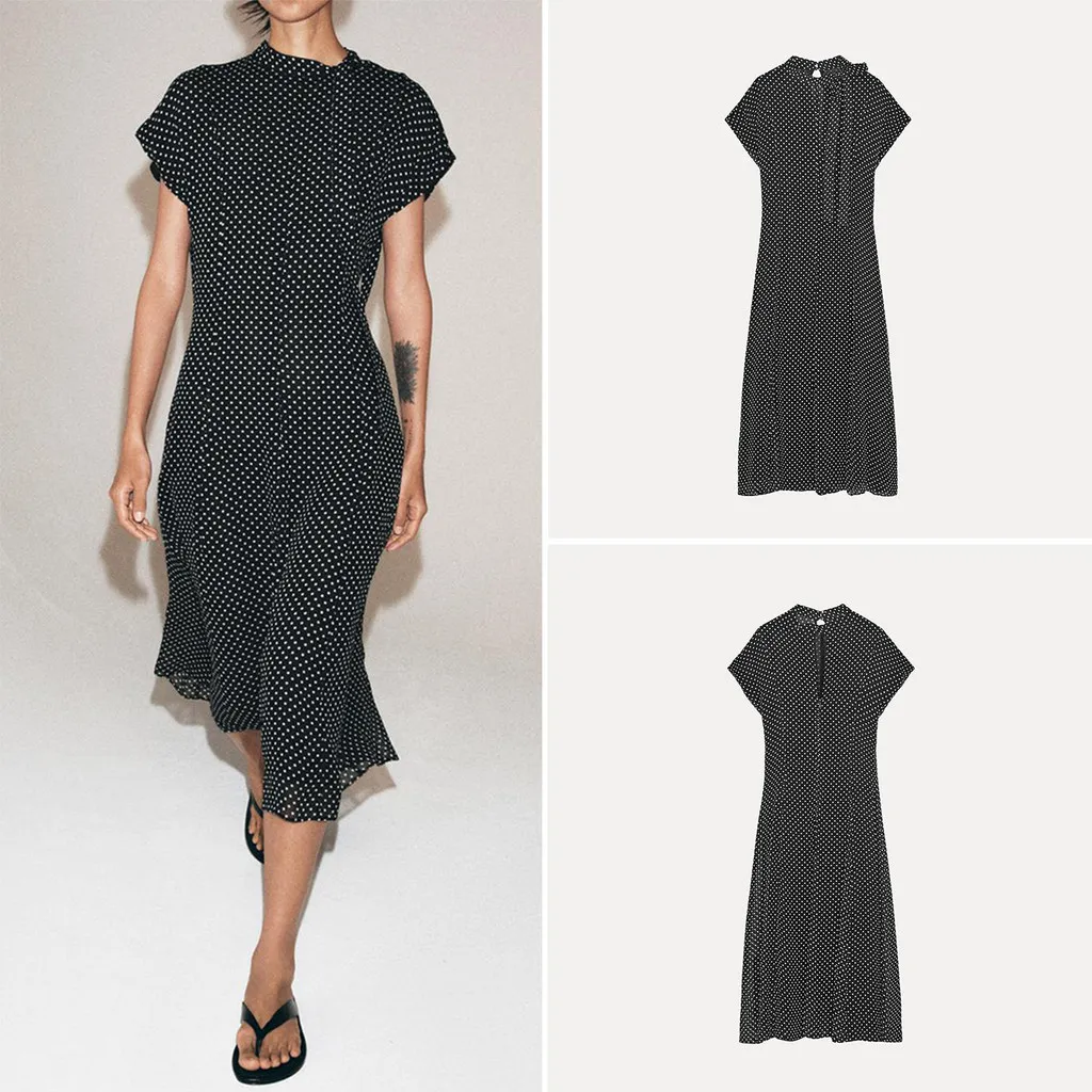 Black White Polka Dot Chiffon Midi Dress Stand Collar Cap Sleeve Back Tie Ruffle Hem Slim Vintage Casual Office Dress 260701