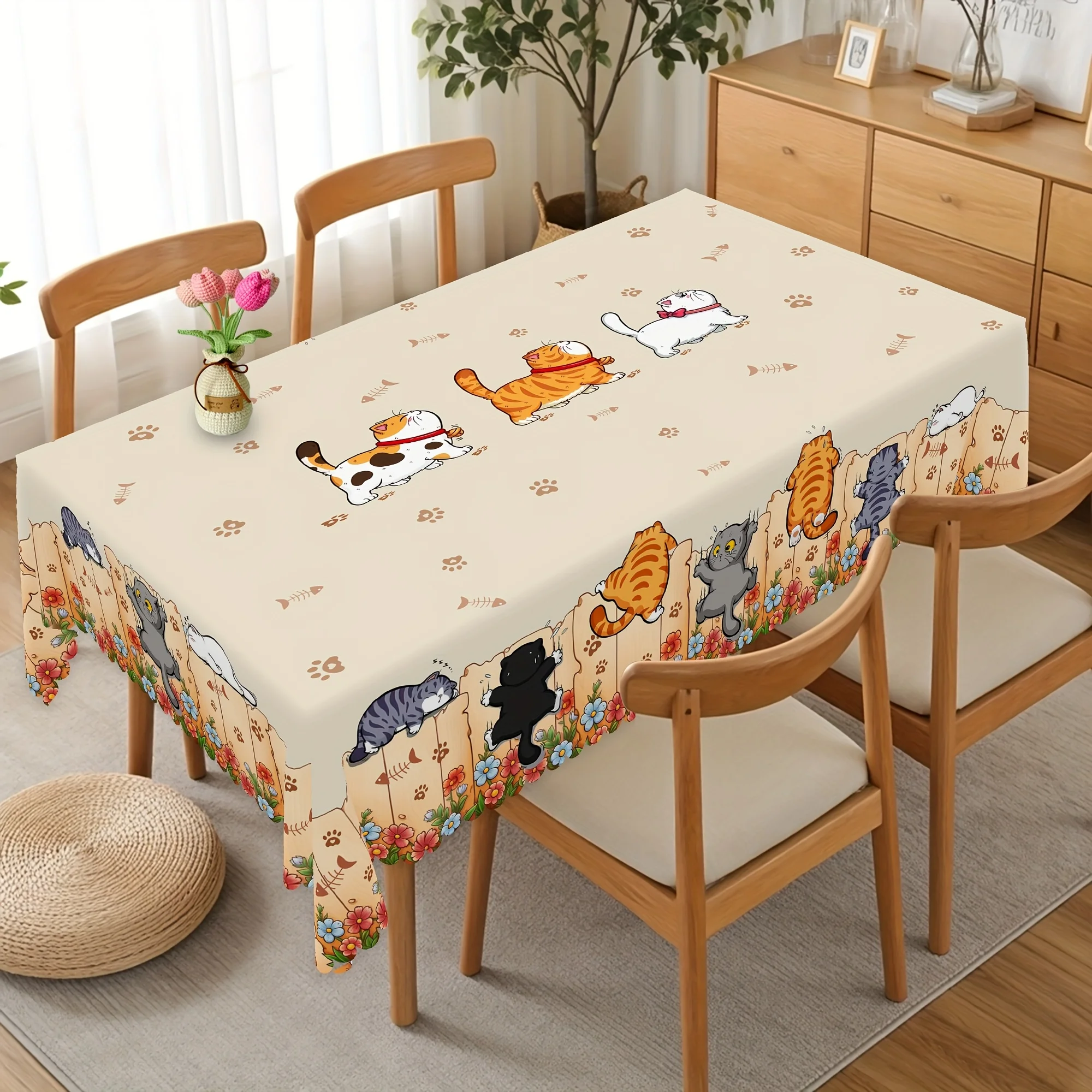 Cat-themed polyester tablecloth - Cute designs of kittens and paws, suitable for home kitchens, dining rooms, and patios