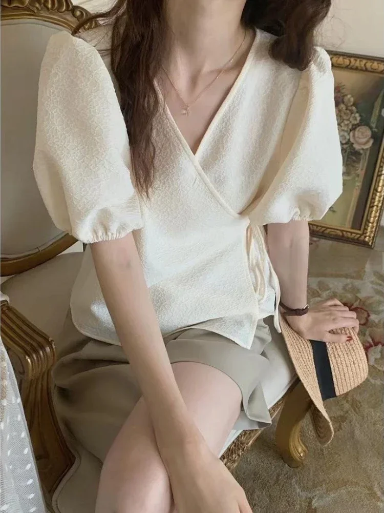 Irregular Lace-up Shirts Women Designed V-neck Pure Gentle Summer Chic Puff Sleeve French Style Literary Vintage Romantic Tops