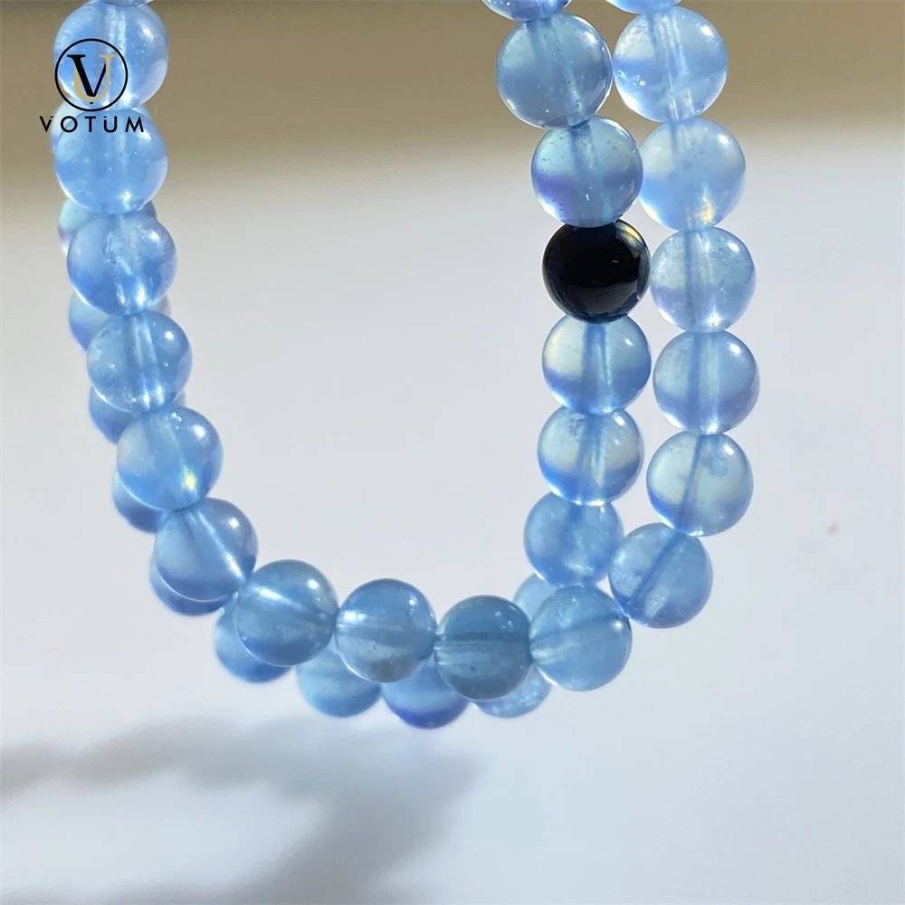 Votum Natural Aquamarine Bracelet with Black Tourmaline Bead for Unisex Chakra Healing Energy Semi-precious Stone Beads Jewelry