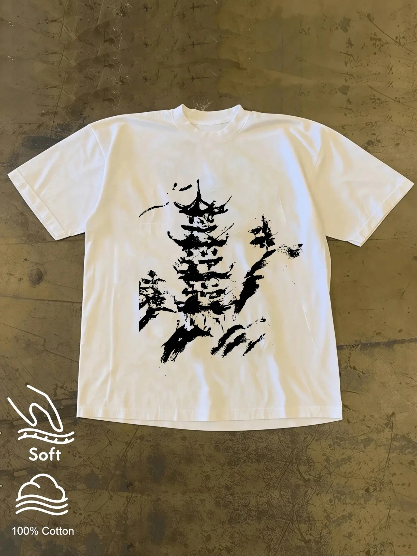 Neck Short Sleeve T Shirt Chinese Style Ink Tower Print Street Style Loose Drop Shoulder Top Versatile Comfort Tee