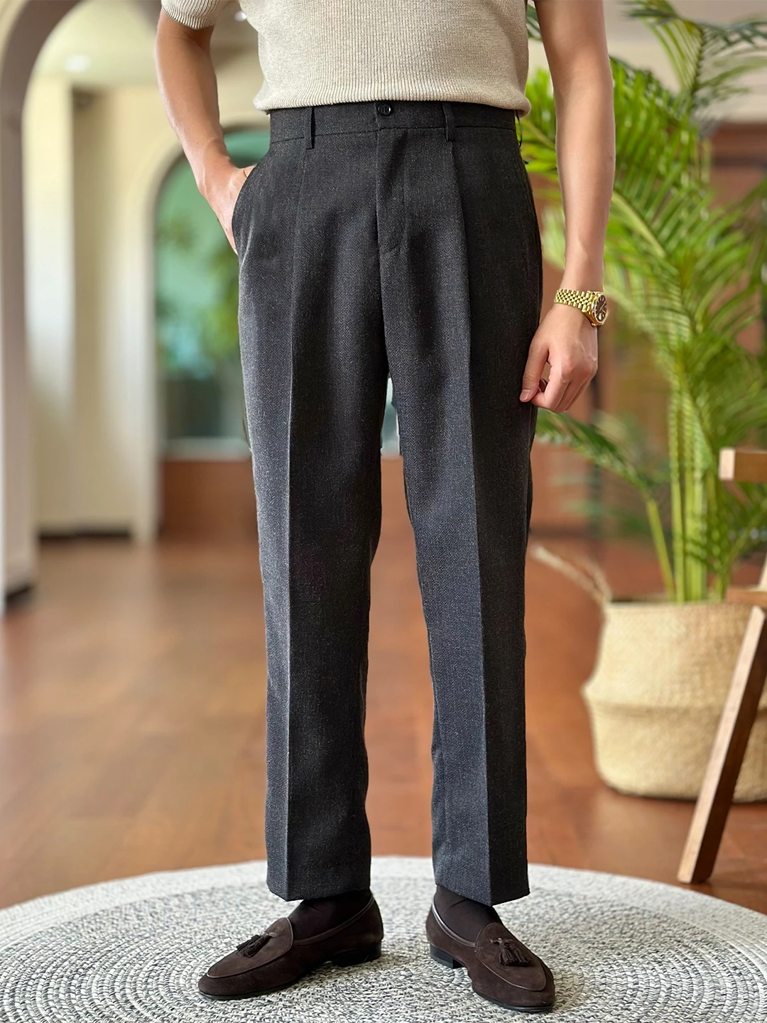 

Busin Casual Men's Woolen Trousers Elastic Waist Straight Leg Fce Lined Long Pants Autumn Spring Faion Briti Sle