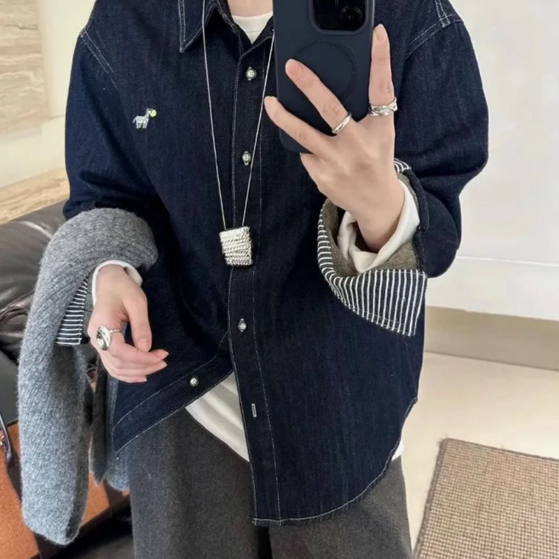 

Korean embroidered denim shirt for women new chic design long-sleeved loose casual top