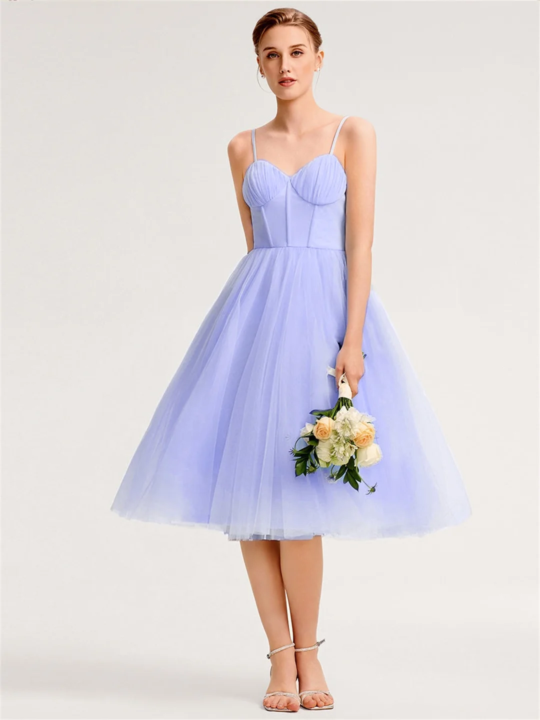 

Tulle Spaghetti Straps Tea-Length Bridesmaid Dresses Sweetheart Corset Pleated A-line Prom Dress Plain Evening Gown For Wedding