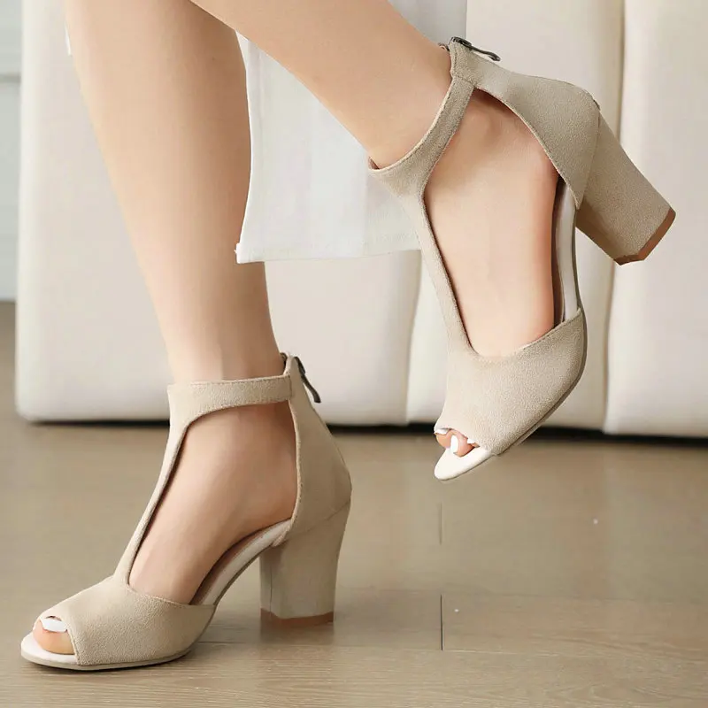 New Nude Black Color Faux Suede Peep Toe Sexy Woman Shoes Summer Thick High Heels T-strap Designer Hallow Cutout Women Sandals