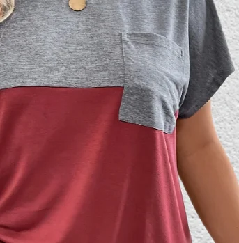 Kaus Lengan Pendek Fashion Wanita Ukuran Besar 1Xl-5XL dengan Kaus Longgar Lengan Pendek Leher V Wanita Kontras