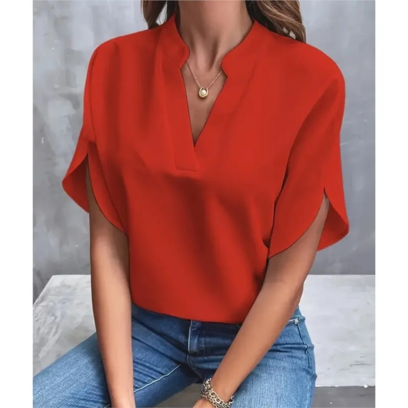 Einfarbiges Kurzarm-Top für Damen 2024, modisches Sommer-Weiß, lässiges Temperament, eleganter Stil, lockeres Oberteil mit V-Ausschnitt für Damen